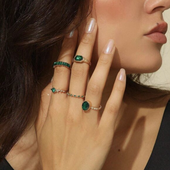 Jewelry - 18K Gold Filled Emerald Cut Green Stone Ring Set